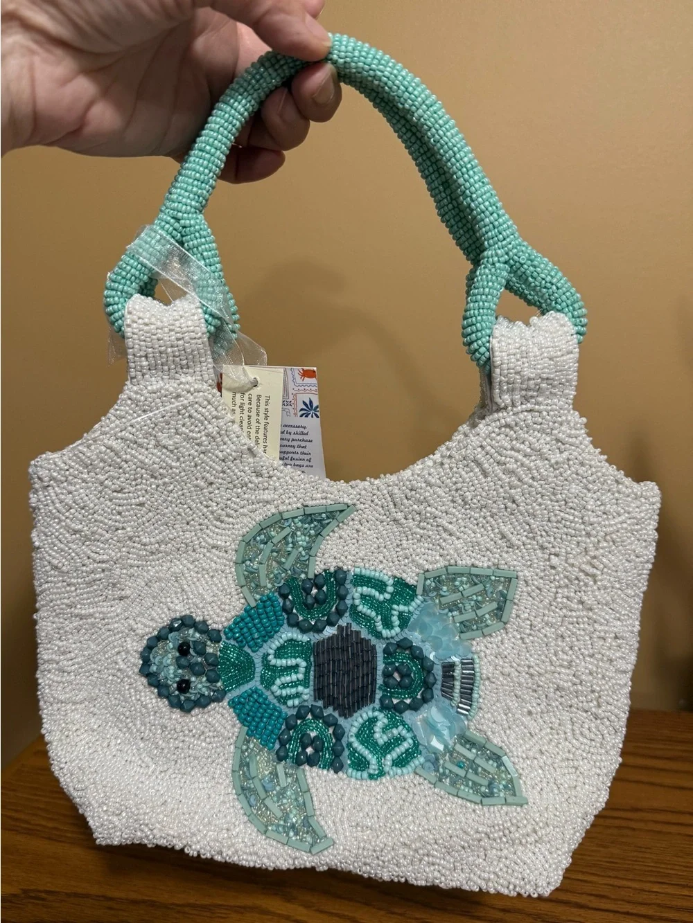 Beaded Sea Turtle Mini Bag in White and Aqua